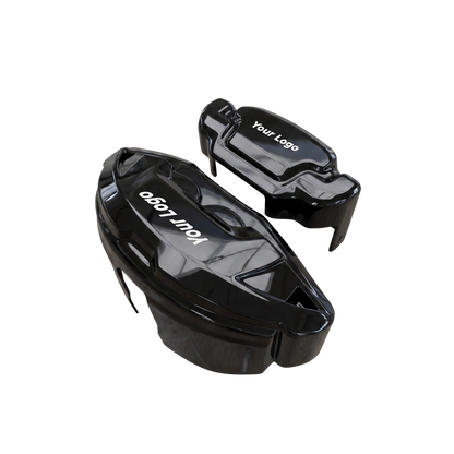 Black caliper covers seen through the wheel spokes
