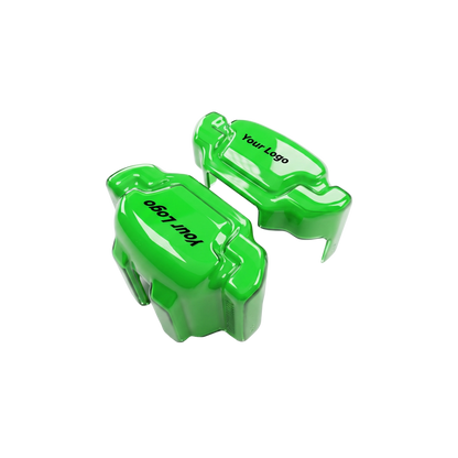 Green caliper covers — detail of the fit over the factory caliper
