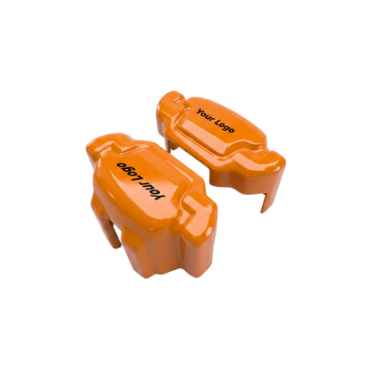 Orange caliper covers — detail of the fit over the factory caliper