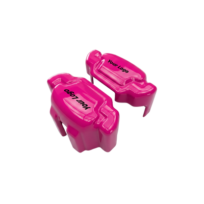 Pink caliper covers — detail of the fit over the factory caliper