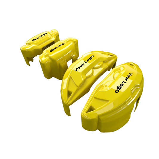 Yellow brake caliper covers installed on the front wheel